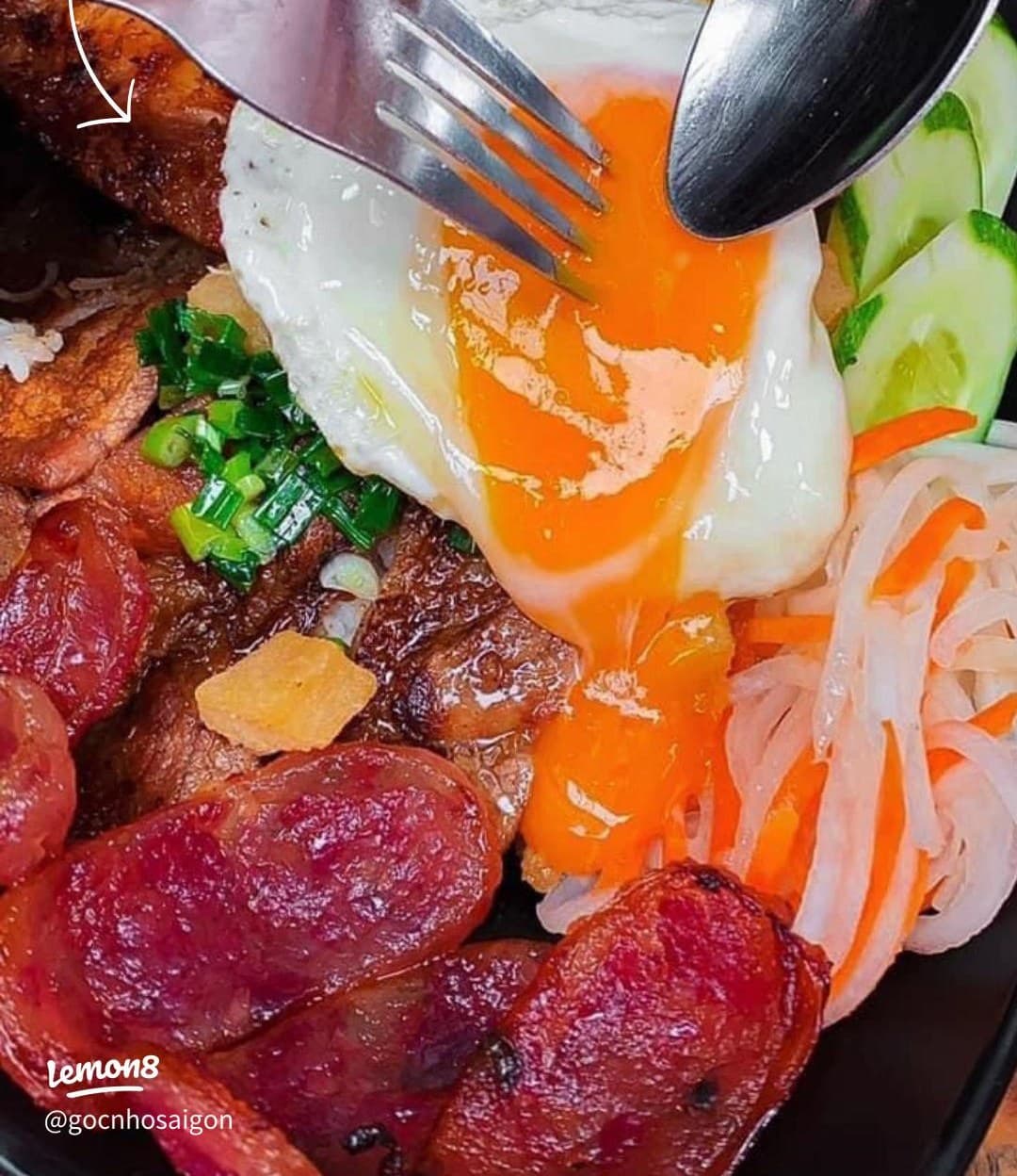 Fried egg and marinated pork at Com Tam Sa Bi Chuong Hoa Hung