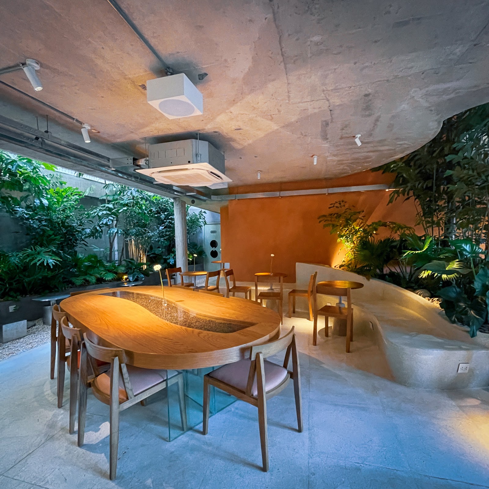 The coffee-bean-shaped communal table — wood, glass legs