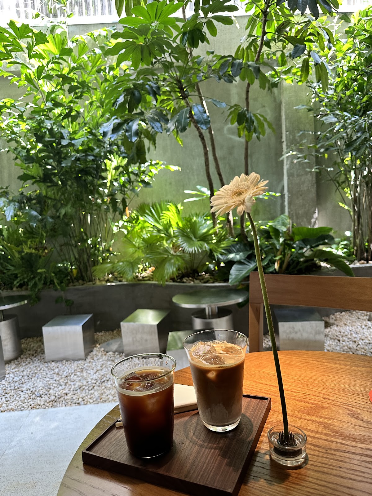 The bamboo garden courtyard with two iced coffees