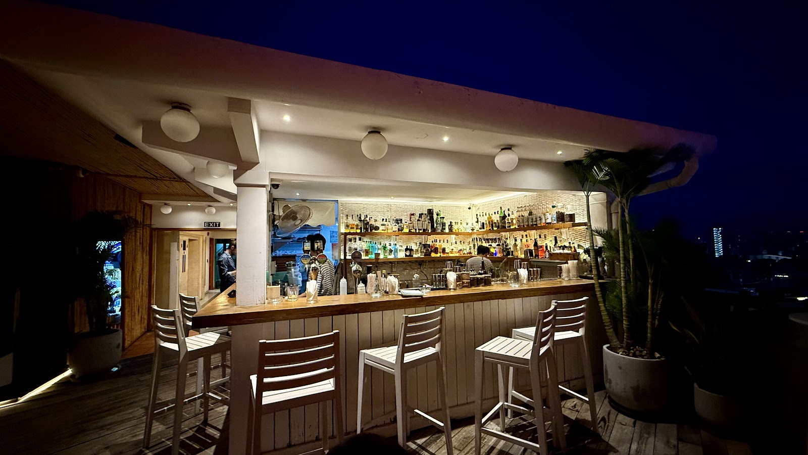 Interior bar with tropical teal and wood notes
