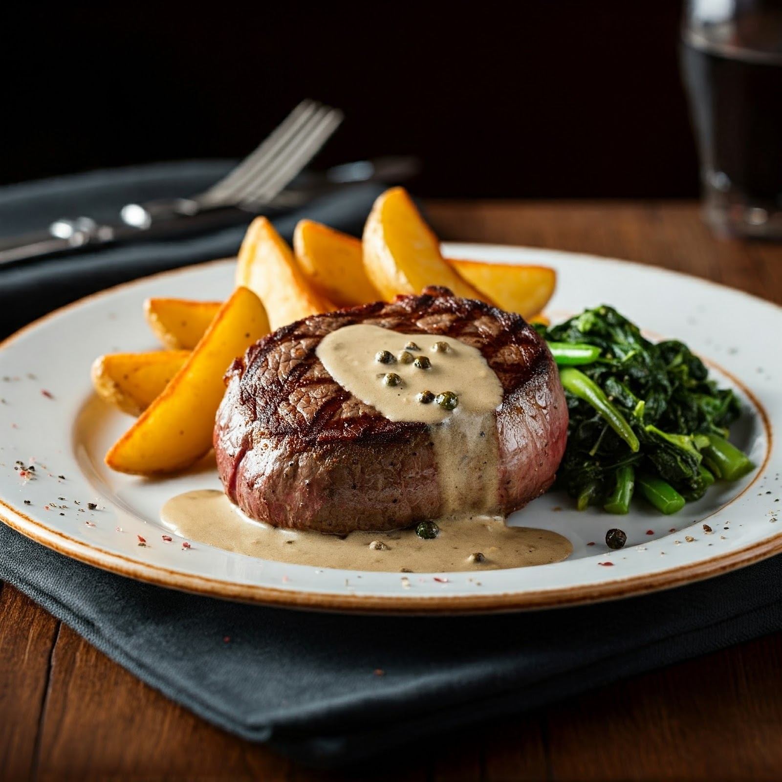 Steak in peppercorn sauce with potato wedges and greens (owner photo, Nov 2024)