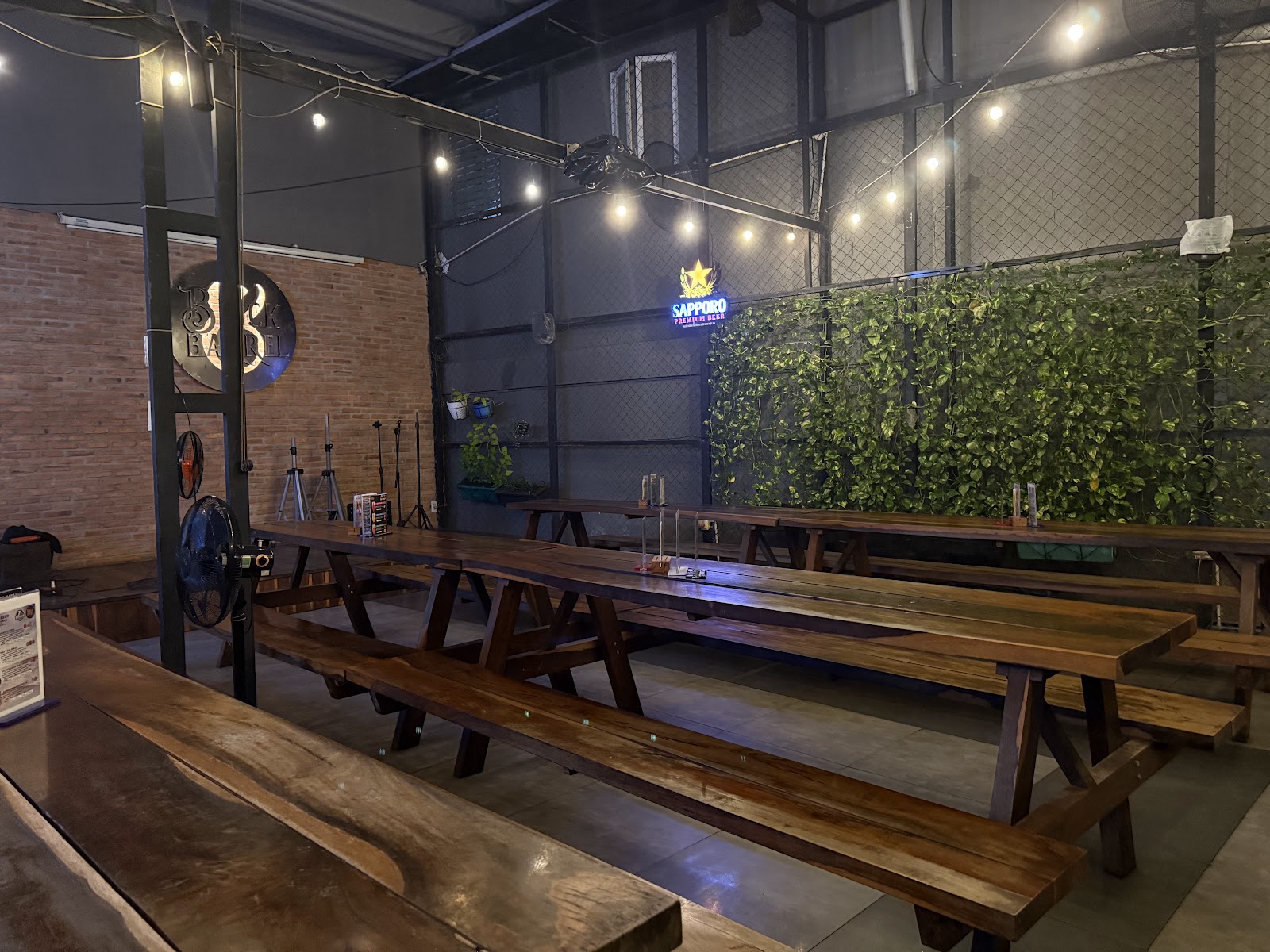 The dining room — brick walls and warm light