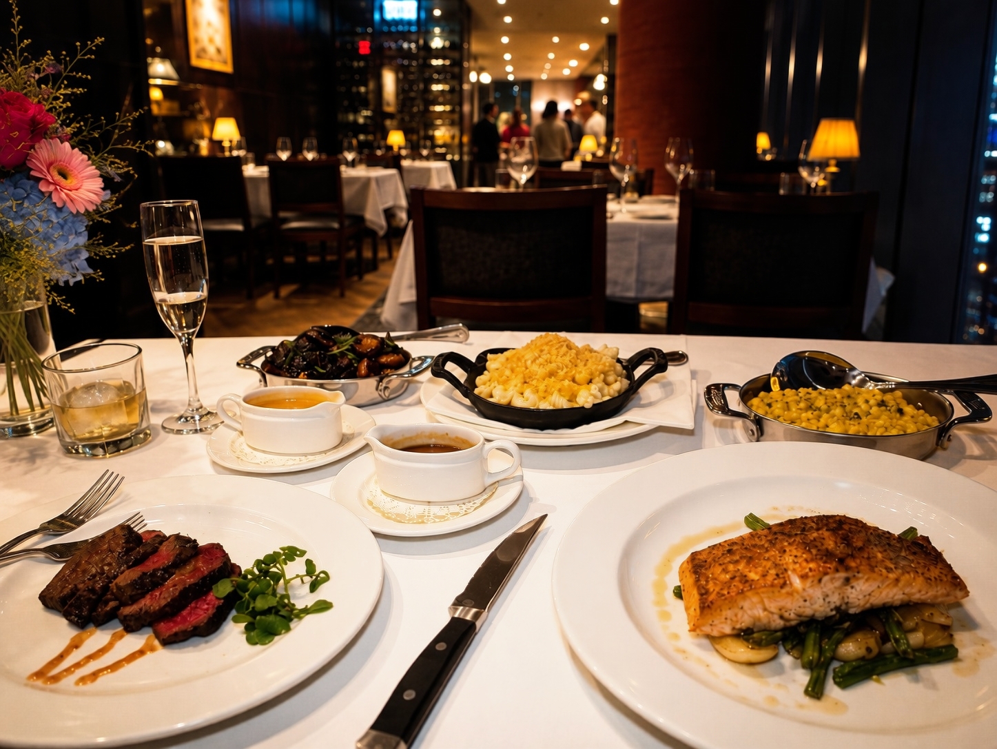 Steak, salmon and sides