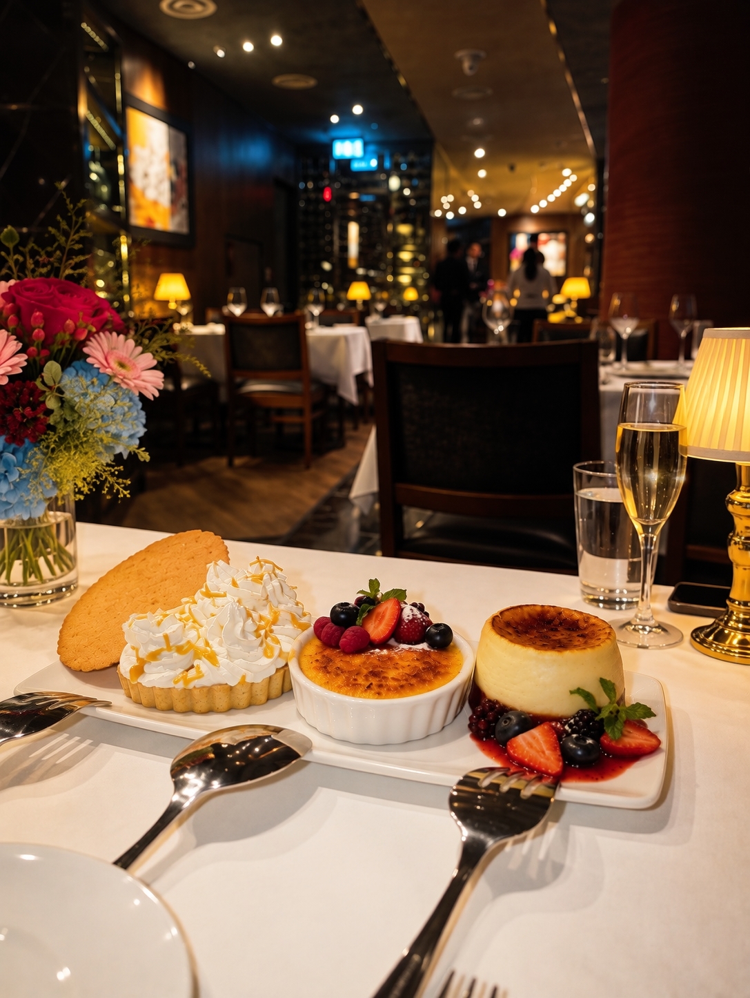 Desserts: crème brûlée, cheesecake and tart