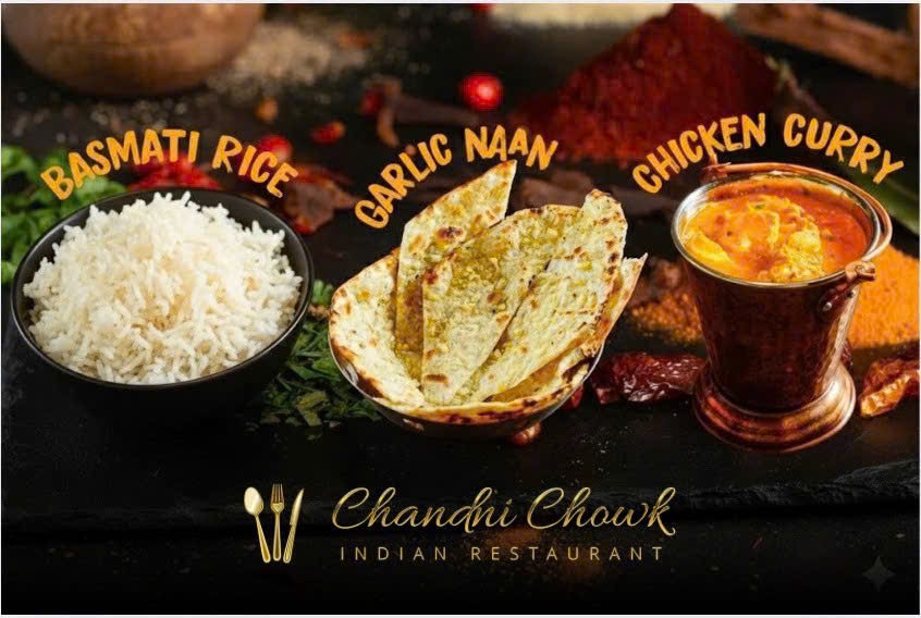 The owner's promo: basmati rice, garlic naan, chicken curry