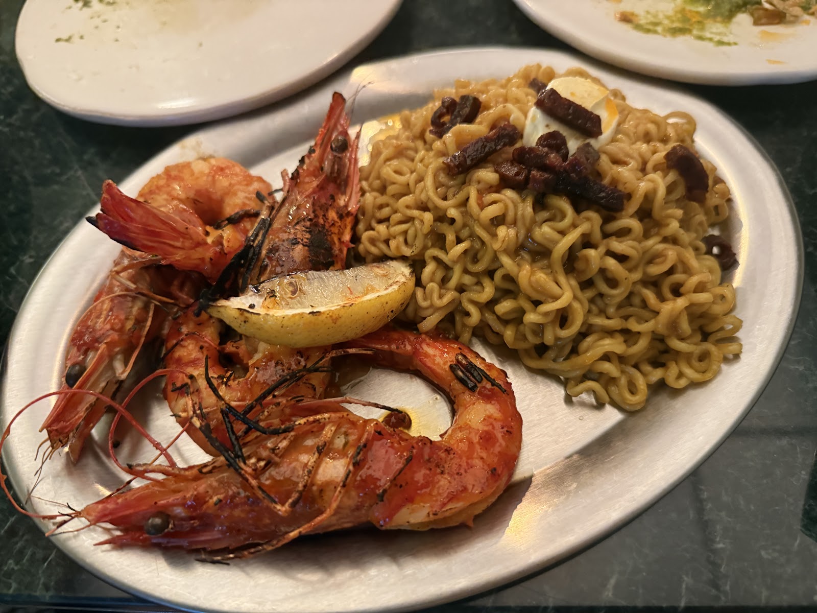 Grilled prawns with noodles