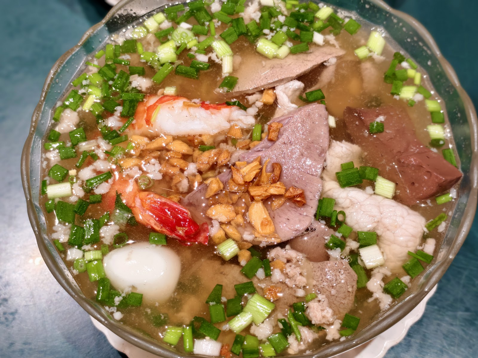 Close-up of the noodle bowl, clear broth