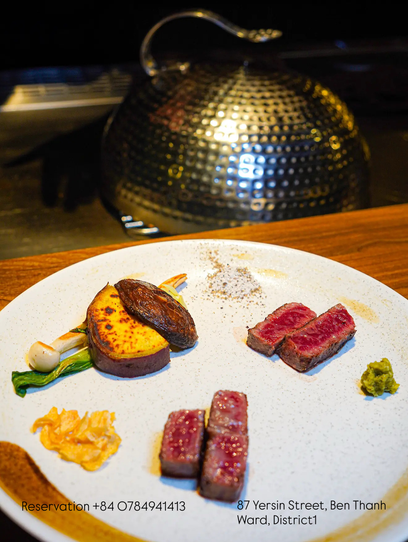 Teppan-seared wagyu with grilled vegetables under the cloche