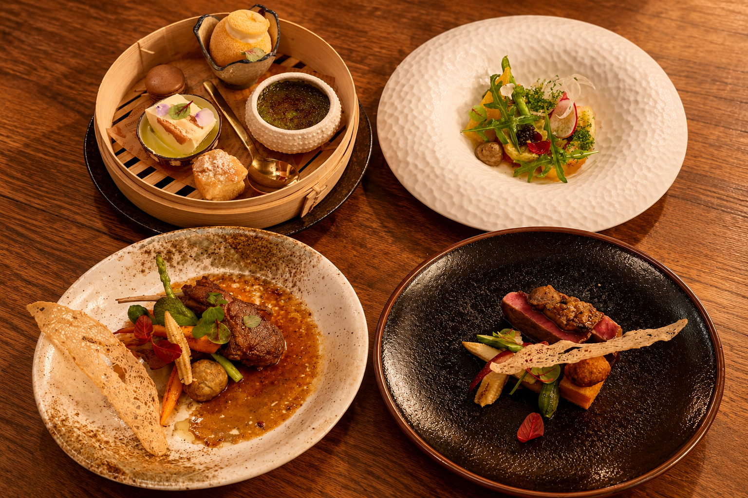 Contemporary French tasting plates: beef, garden salad, desserts