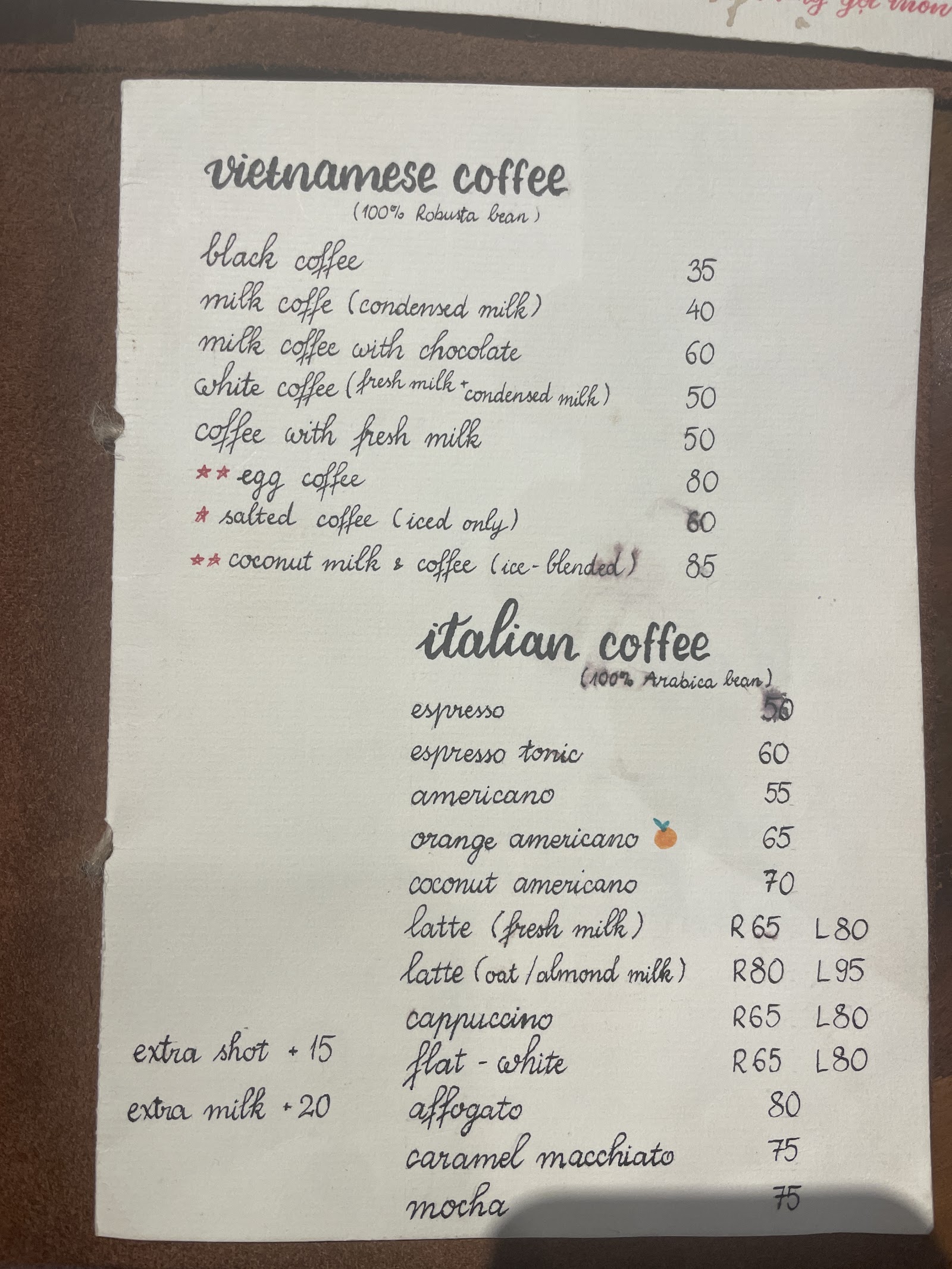 Egg coffee on the handwritten menu
