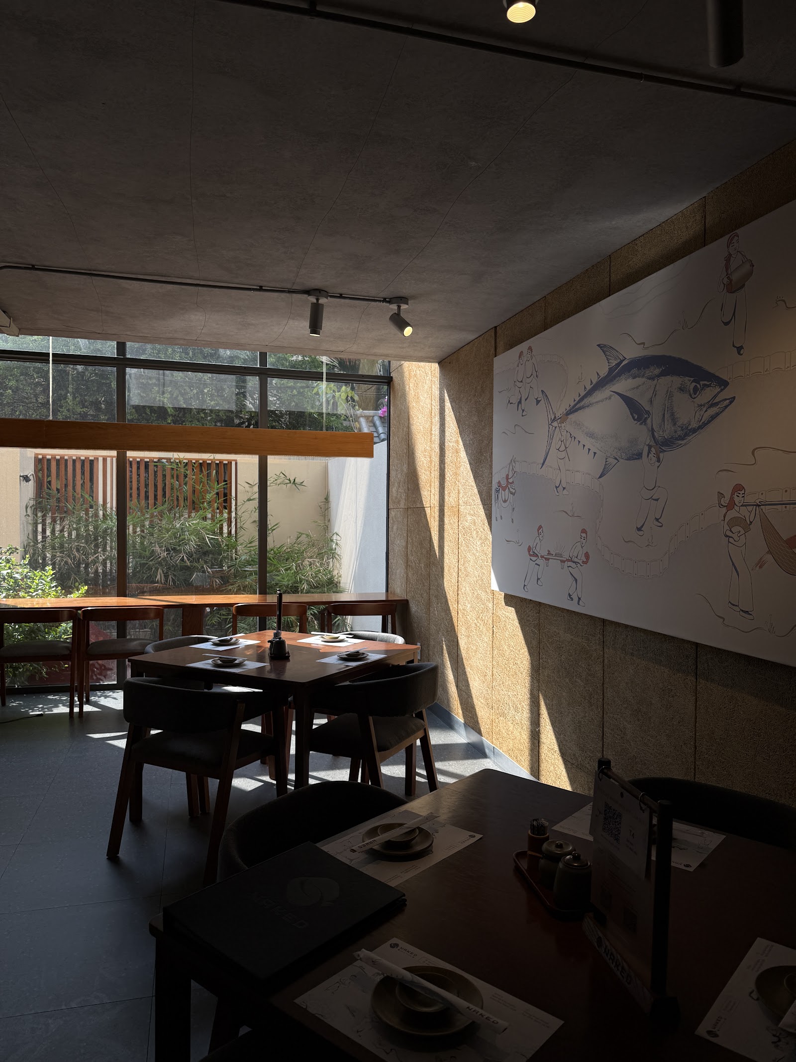 The dining room with the indigo tuna mural