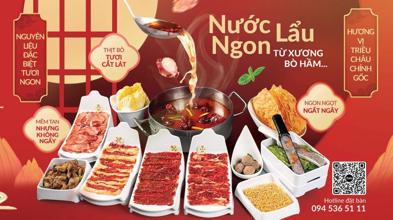 Đồ họa của quán: nồi lẩu bò với các khay thịt bò tươi