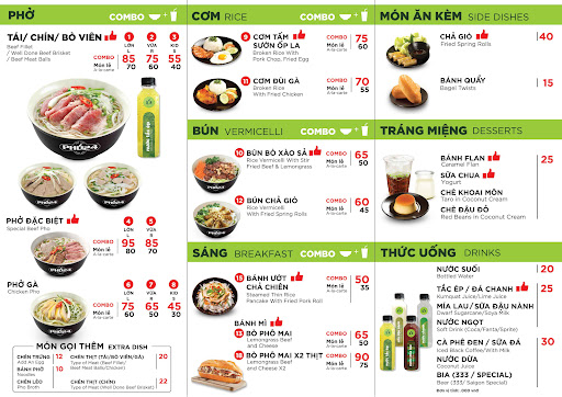 PHỞ24 매장 내부: 밝은 테이블, 메뉴 보드
