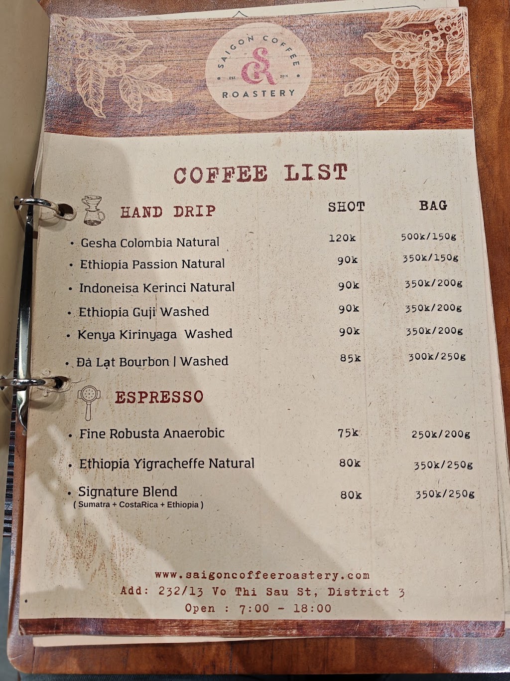 Bảng menu cà phê thật