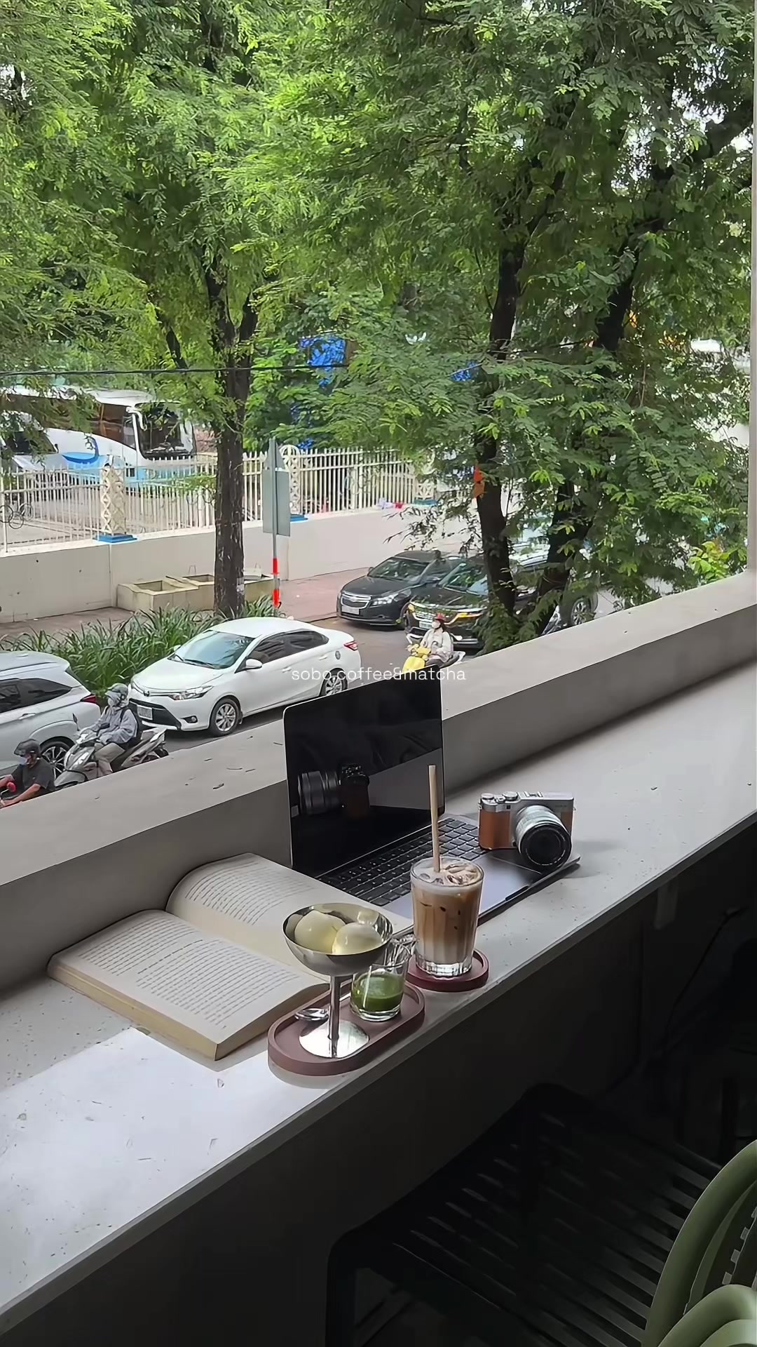 타마린드 나무 캐노피가 내려다보이는 위층 윈도우 바