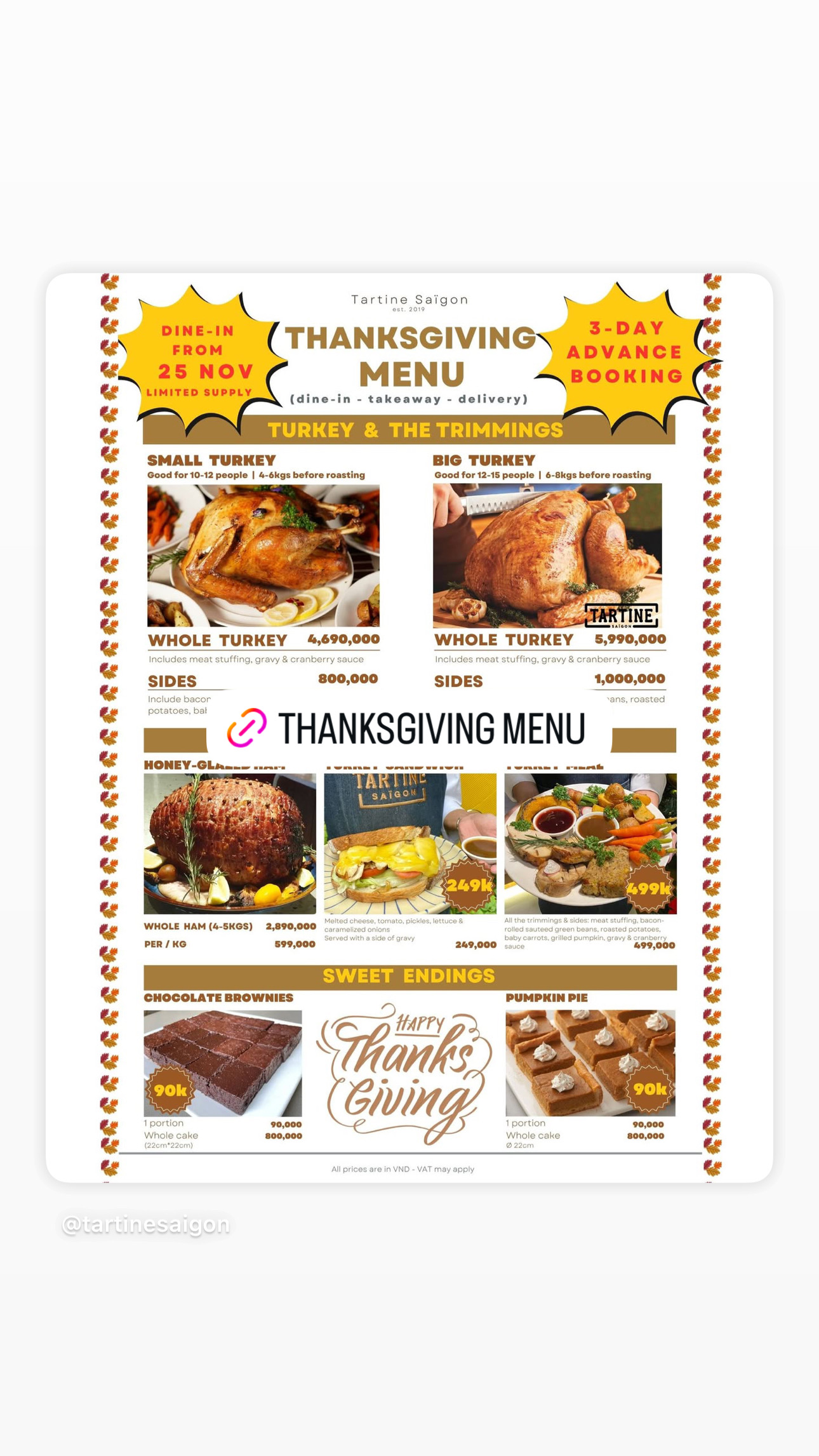 Bảng menu Lễ Tạ ơn tháng 11/2025