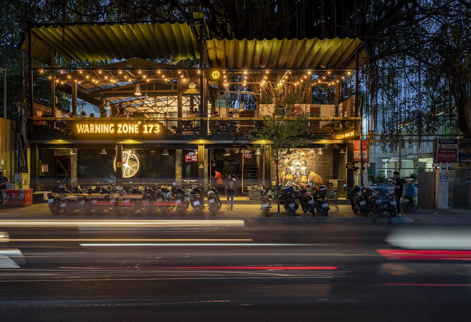 The lit-up facade at night