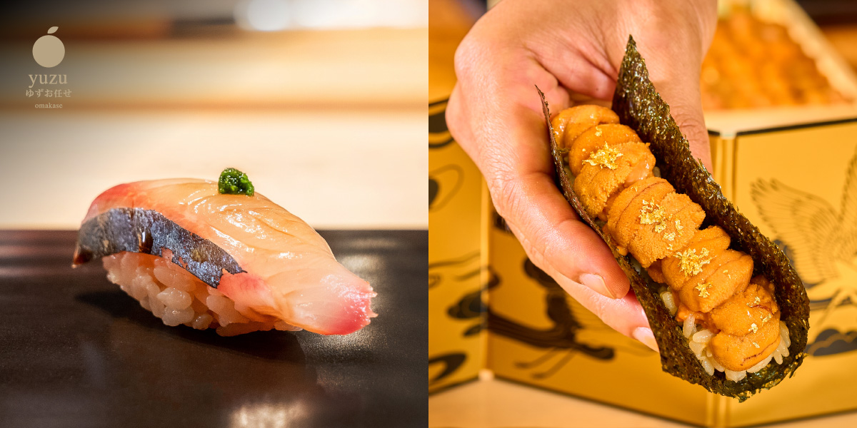 Nigiri and a uni handroll with gold dust